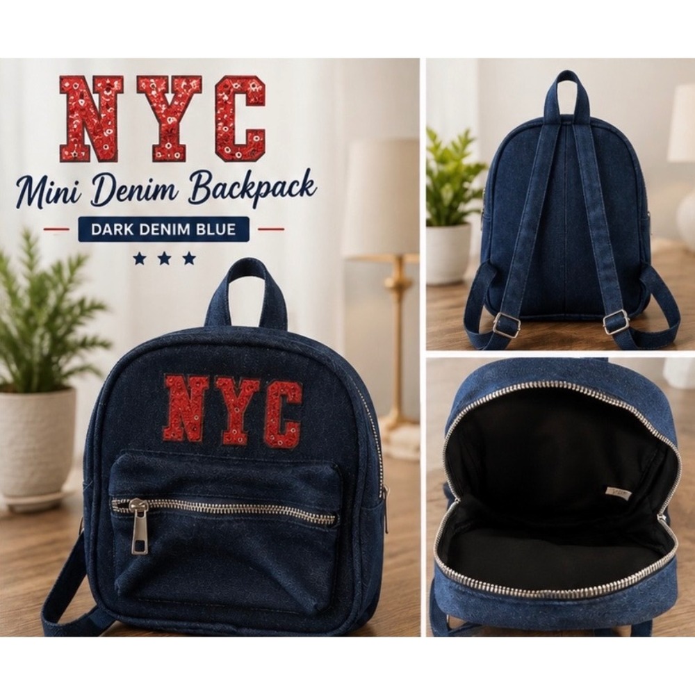 NYC Mini Denim Backpack Dark Blue Red Sequin Embroidered Small Backpack Purse